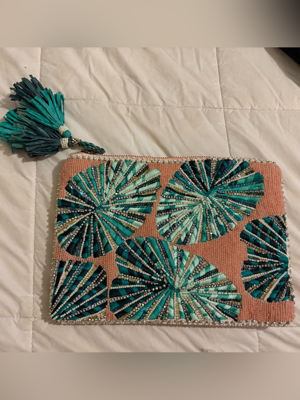 Anthropologie Beaded Teal and Coral Decorative Clutch with Tassel
